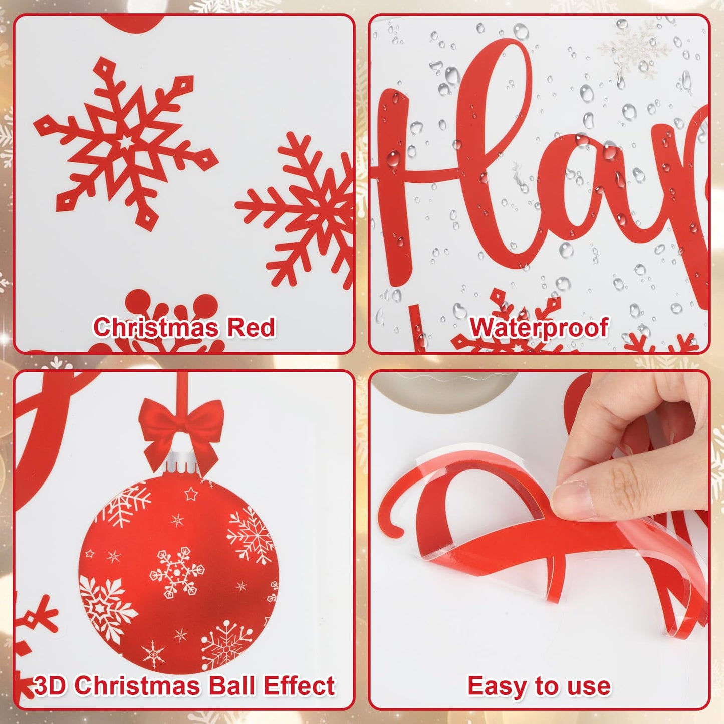 Red Merry Christmas Window Clings 6 Sheets, Happy Holiday Winter Snowflake Window Decals Stickers for Home Xmas Party Decorations Supplies, Reusable Happy New Year Cling for Windows (Xmas)