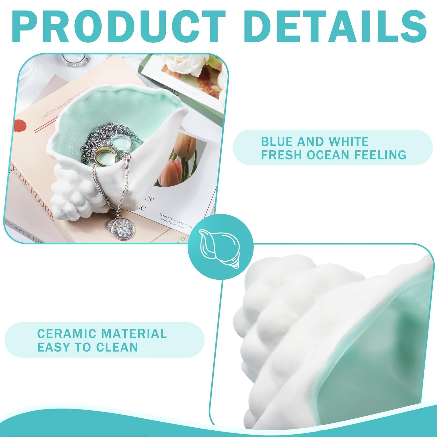 OSOPOLA Ceramic Conch Jewelry Tray - Ocean-themed Decorative Ring Holder Dish Key Tray Cute Jewelry Plate Trinket for Women,Home Decor,Christmas Birthday Gifts HE02CHL