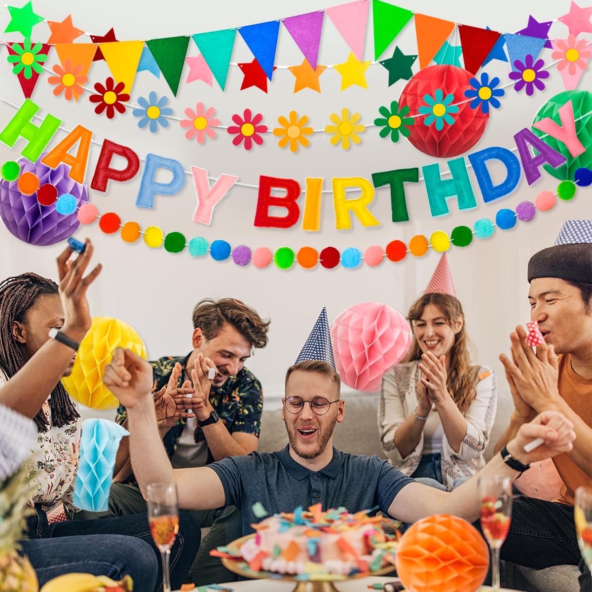 Pre-Strung 3D Happy Birthday Banner, 6 PCS Felt Reusable Birthday Decorations Set with Letter Banner, Pom Pom, Star, Sunflower Garland, Triangle Flag and Honeycomb Balls, Rainbow Decor Sign Photo Prop