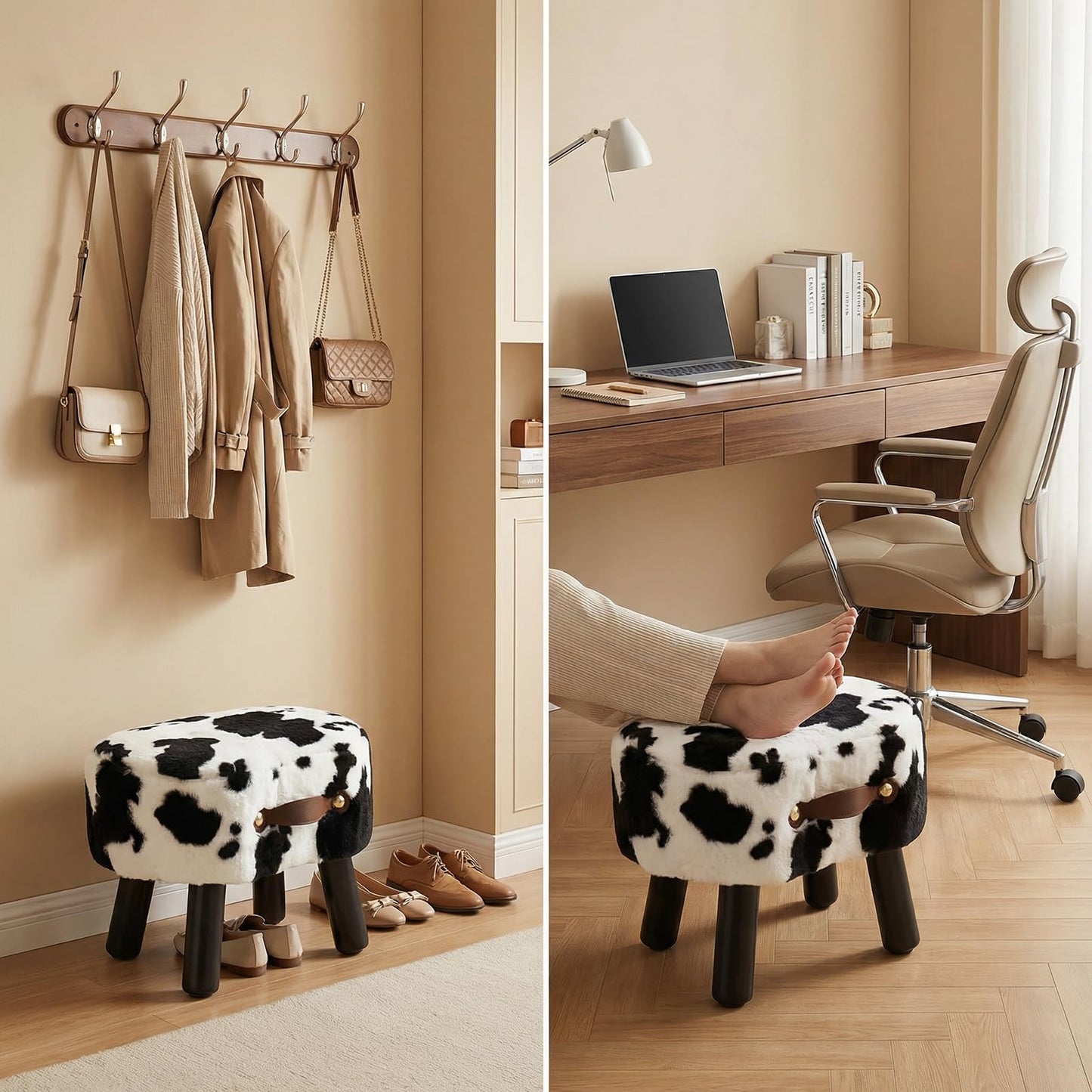 Leesingdo Small Footstool with Handle, Faux Fur Ottoman Foot Rest with Padded Seat, Curved Foot Stool with Wooden Legs, Portable Foot Rest for Living Room, Bedroom, Entryway, Cow
