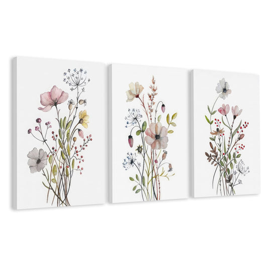 WRFON UnFramed Botanical Canvas Wall Art Set of 3, Watercolor Floral Prints, Framed Flower Wall Decor for Bedroom Bathroom Living Room, 12x16 Inch Each