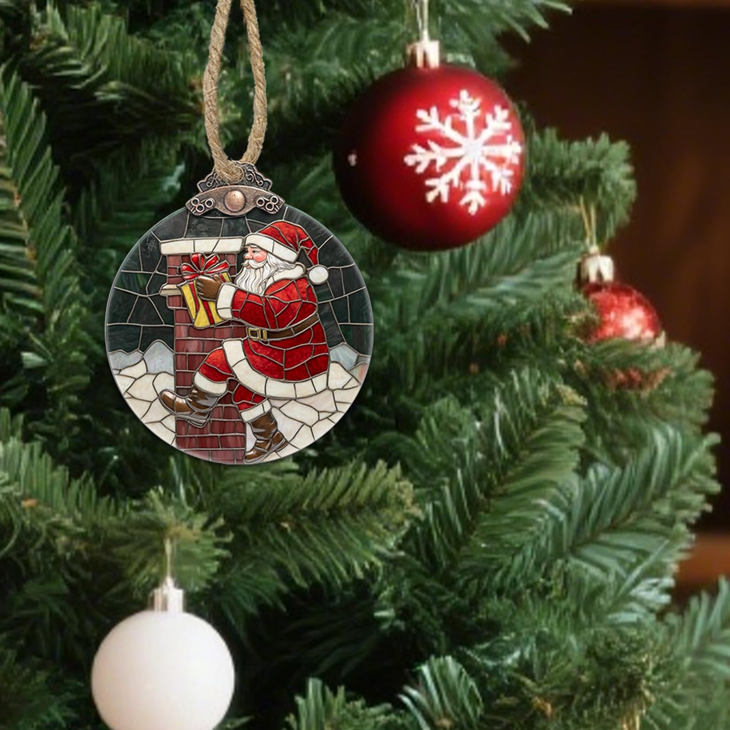 AMDERVEN Stained Glass Christmas Decorations, Santa Claus Delivering Gifts Suncatcher for Window Christmas Tree Hanging Ornaments Sun Catcher Xmas Decor Gifts for Women Men Mom Nana Friend