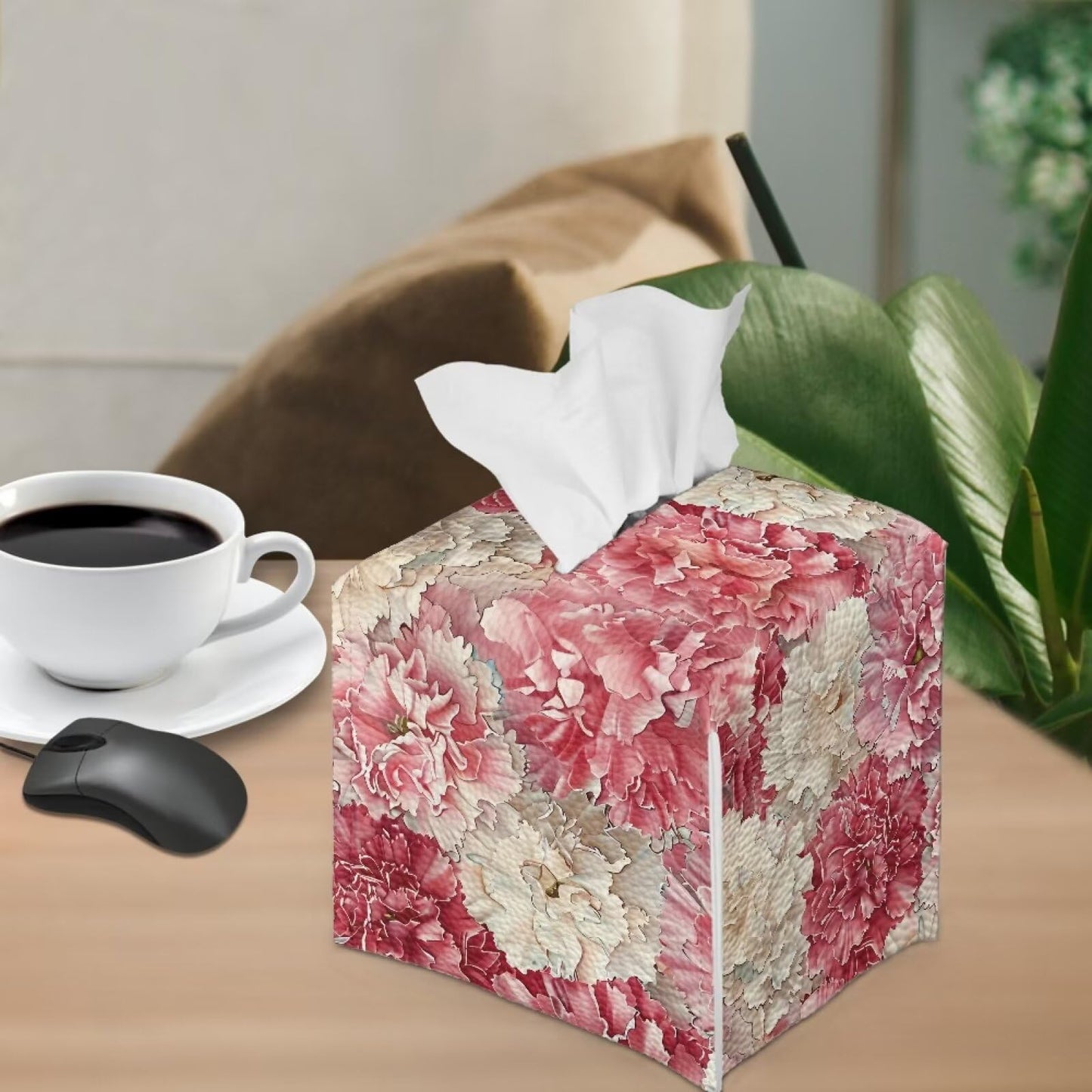 Baxinh Peony Print Tissue Box Cover - Home Decor Cube Tissue Box Holder - Pink, PU Leather with Bottom Belt