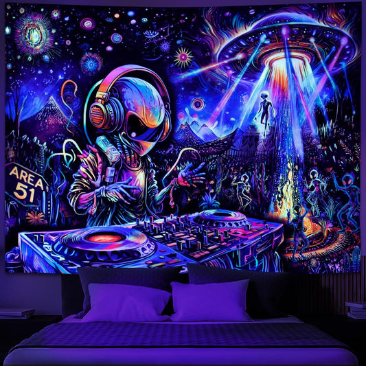 Galoker Blacklight Alien UFO Tapestry Trippy Galaxy Planet Tapestry UV Reactive Funny DJ Music Wall Tapestries Plant Cactus Tapestries Wall Hanging for Home Decor(51.2"x59.1")