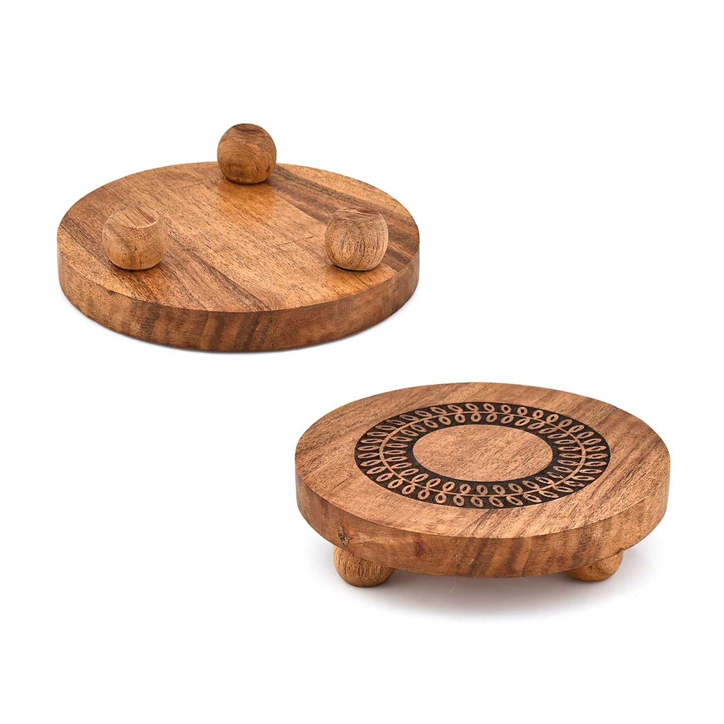 NIRMAN Pedestals Acacia Wood Round Set of 2 with Black Leaf Design Plant Stand, Farmhouse Countertop Organizer, Multi-Purpose Display (6" x 6" x 1.5")