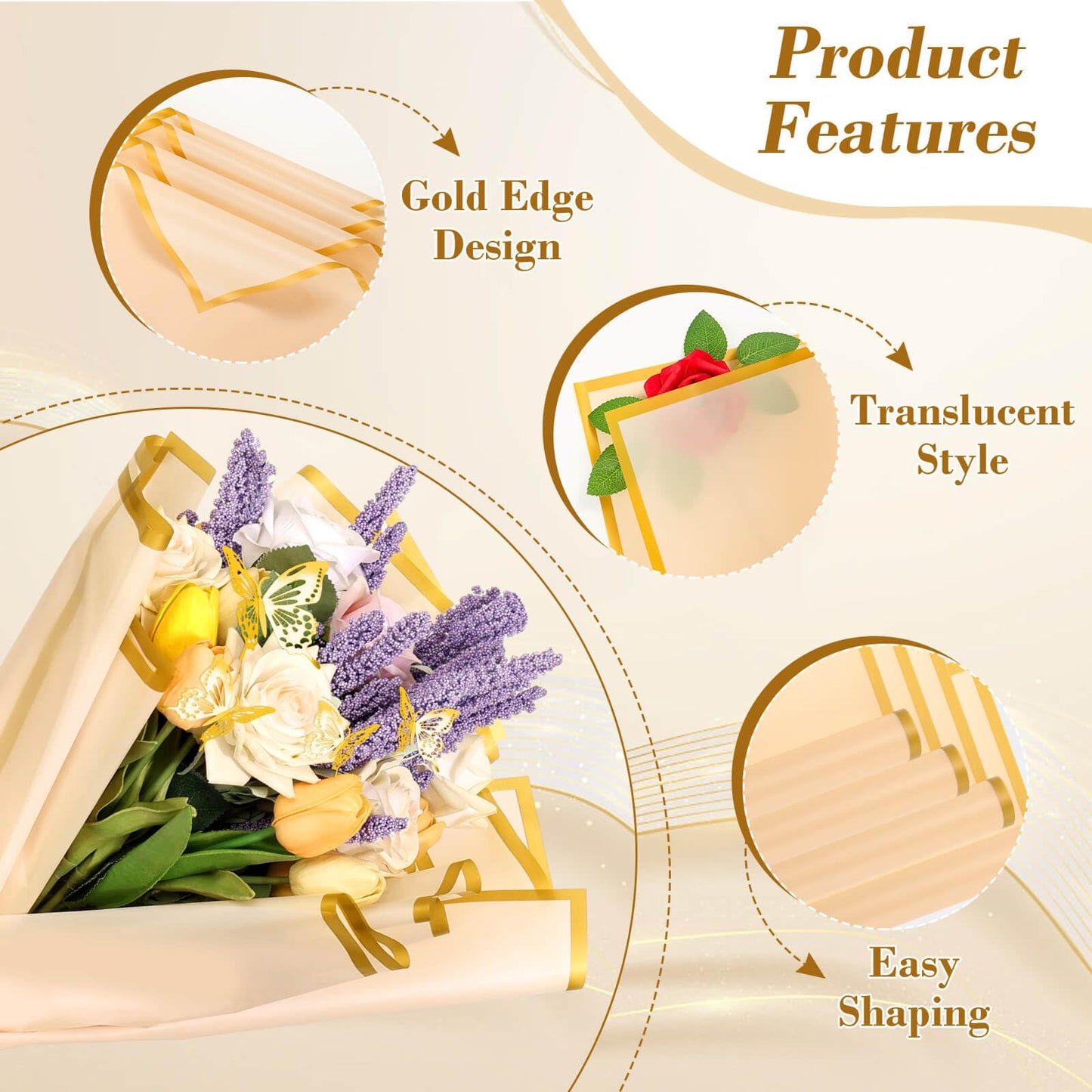 cridoz 20 Sheets Flower Bouquet Wrapping Paper with 12 Pieces Gold Butterfly Decorations for Flower Bouquets, Gift Wrapping(Champagne)