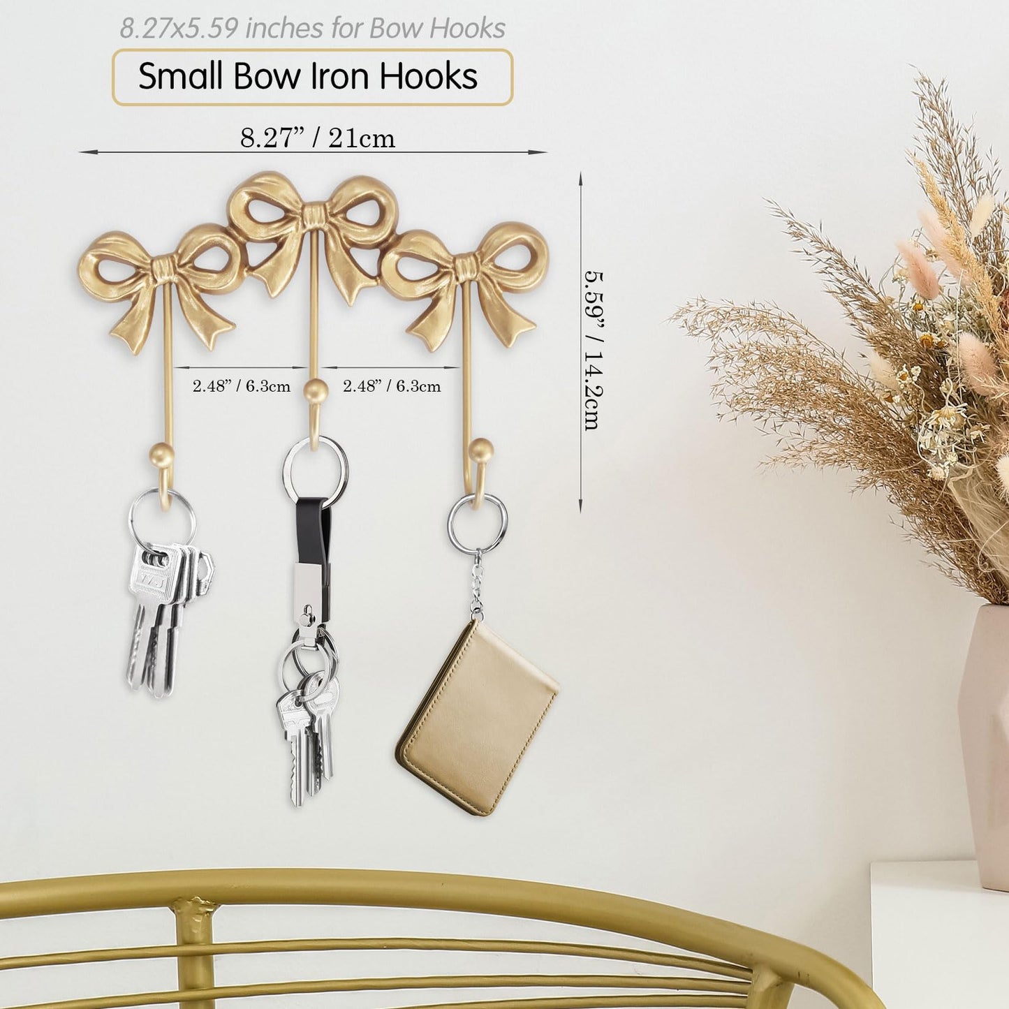 Small Bow Wall Hook,Gold Wall Mounted Functional Hooks,Antique Gold Cast Iron Hook for Coats,Bags, Bath Towels,Room Decorations,Girls Room,Bathroom,Office(Three-Bows Hooks:8.27x5.59 inches)
