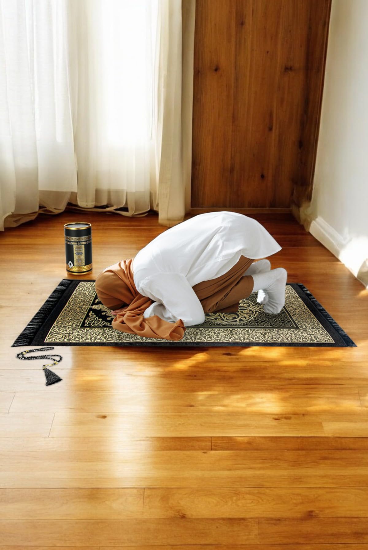 ihvan online Muslim Prayer Rug and Prayer Beads with Elegant Design Cylinder Gift Box, Janamaz, Soft Sajadah, Islamic Gifts Set, Portable Prayers Carpet Mat, Taffeta Fabric, Black