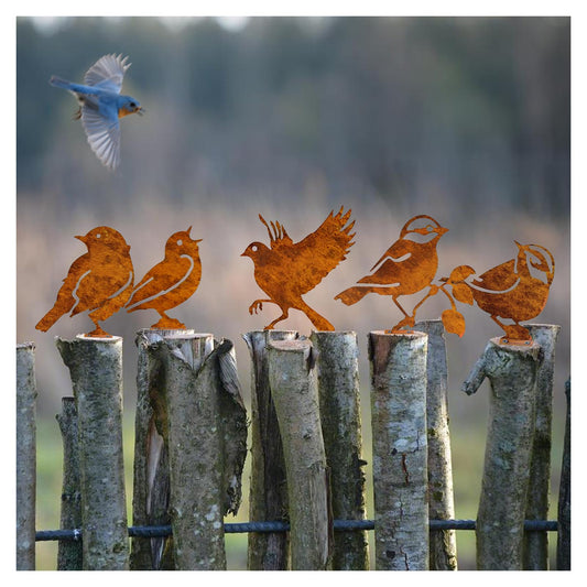 LUMINZENLUX 5PCS Rusty Metal Birds Garden Decor - Vintage Yard Art for Fence Decorations, Rustic Outdoor Decor, Ideal Gift for Bird Lovers (Wrens, Life-Size Silhouettes)