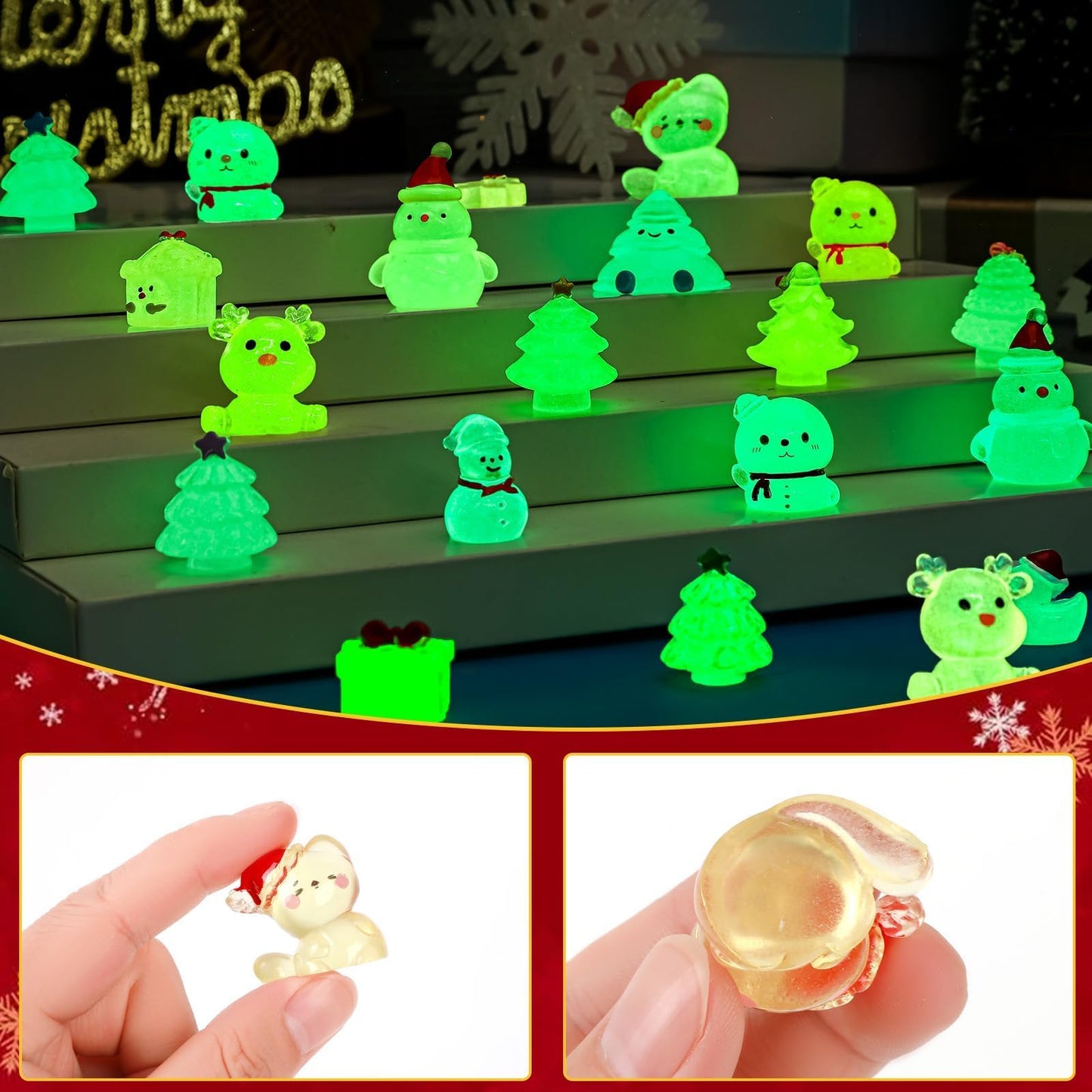 Jansun Mini Christmas Luminous Figurines, 45pcs Christmas Resin Snowman Christmas Tree Gift Box Gingerbread Man Glow in The Dark Decorations for DIY Crafts Xmas Party Gifts Garden Dollhouse Decor