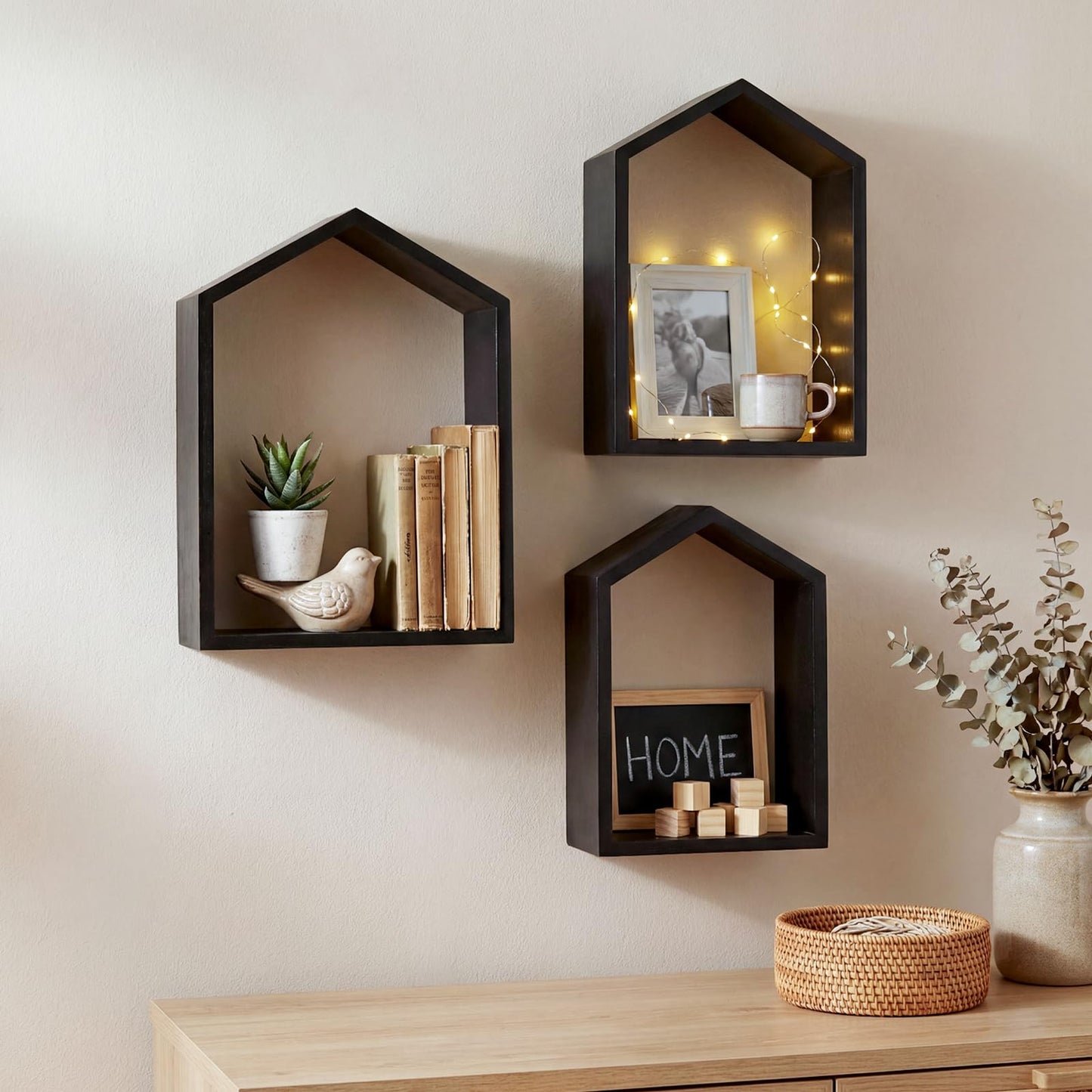 Threehoney 3 Set Wall Shelf 9.8 x 7.1 Inch Wooden Hanging Shelf Deep Display Storage Shelves Floating Shelves for Home Office Room Mini Figures Potted Plants Wall Decor(House,Black)