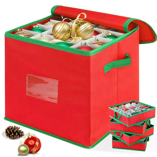 Christmas Ornament Storage Box, Xmas Storage Container Up To 64 Ornaments Decoration Balls With 4 Separate Removable Trays,Red Oxford Canvas Holiday Storage Case With Lid For for Xmas Storage