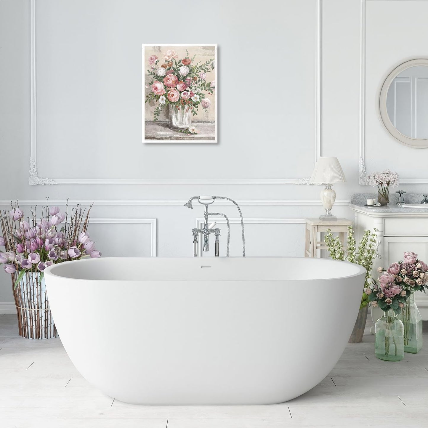 Dazzlewall Vintage Floral Canvas Wall Art Farmhouse Still Life Posters Rustic Pink and White Flower Vase Prints Botanical Oil Painting for Bathroom Bedroom Living Room 12x16in Unframed