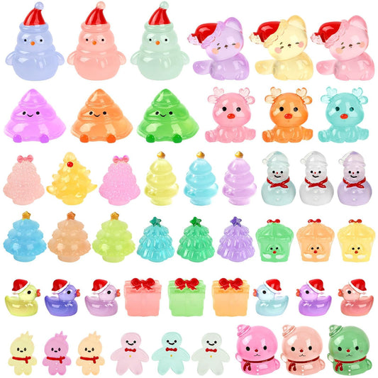 Jansun Mini Christmas Luminous Figurines, 45pcs Christmas Resin Snowman Christmas Tree Gift Box Gingerbread Man Glow in The Dark Decorations for DIY Crafts Xmas Party Gifts Garden Dollhouse Decor
