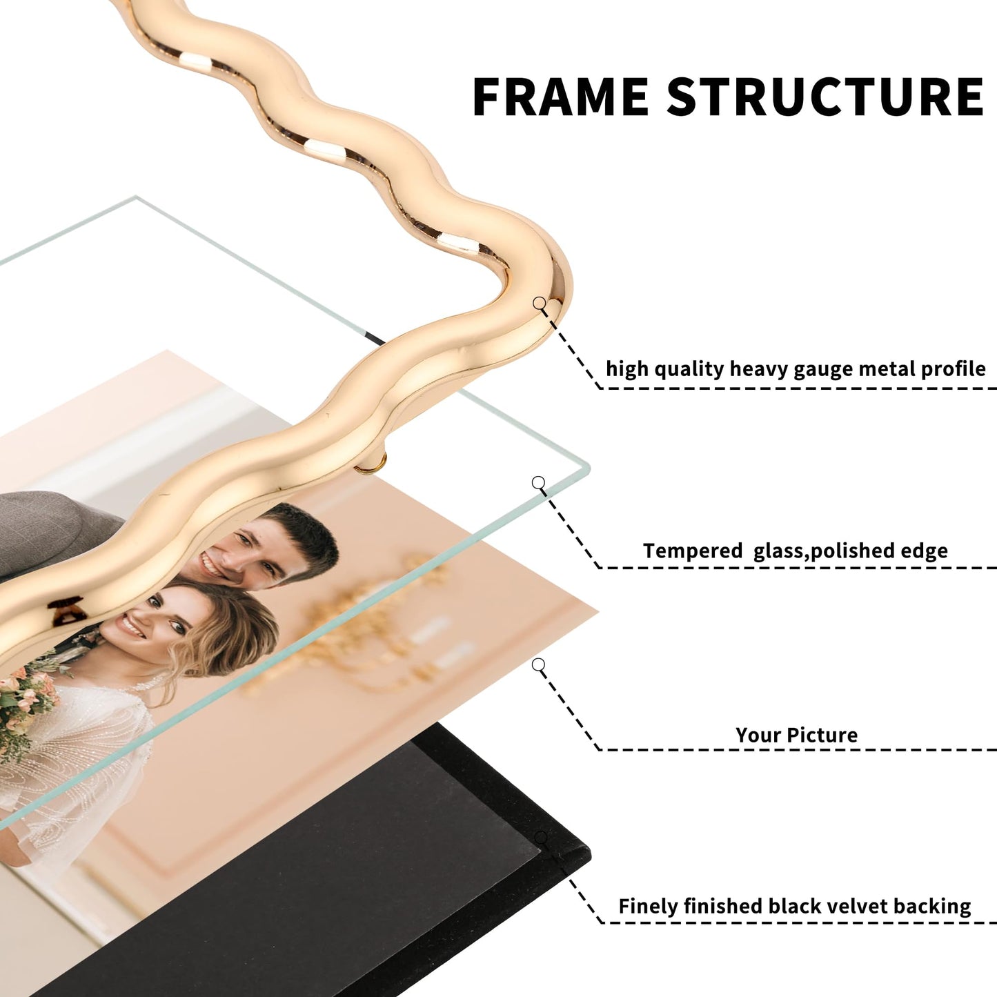 GorYeeFine Gold 4 x 6'' High-End Zinc Alloy Picture Frame with Wave Design - Modern Glamour 6x4'' Pictures Frames for Desktop and Wall Décor
