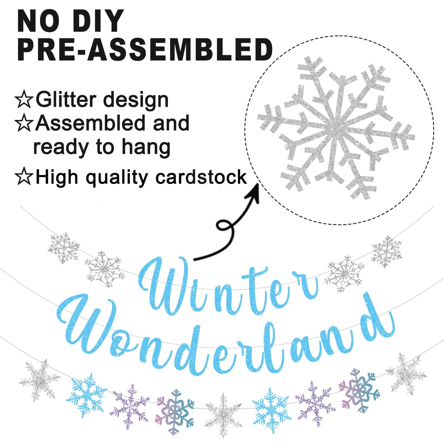 Pre-Strung Winter Wonderland Banner Glitter Snowflake Garland Christmas Decoration Banner for Home Wall Mantle Decor Winter Holiday New Year Party Supplies (Blue)