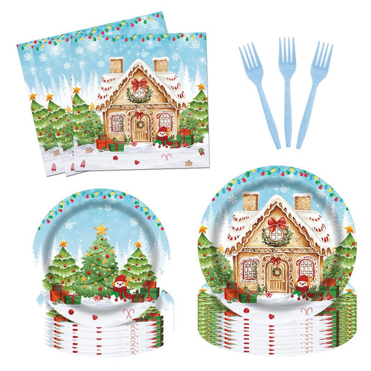 Fitumiw 96Pcs Gingerbread House Party Tableware Supplies Merry Christmas Cartoon Candy House Snowman Plates and Napkins Christmas Trees Winter Wonderland Party Set Decorations Serve 24 Guests
