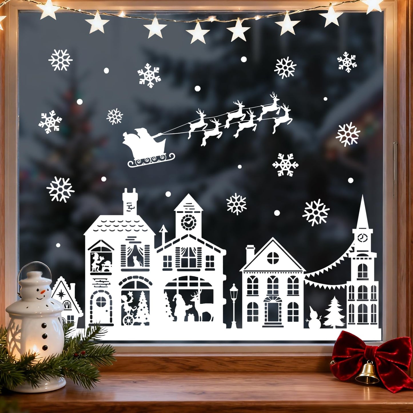 Mfault Christmas White House Window Clings, Xmas Santa Claus Reindeer Snowflake Stickers Decals Decorations, Snowy Winter Holiday Sleigh Home Kitchen Decor