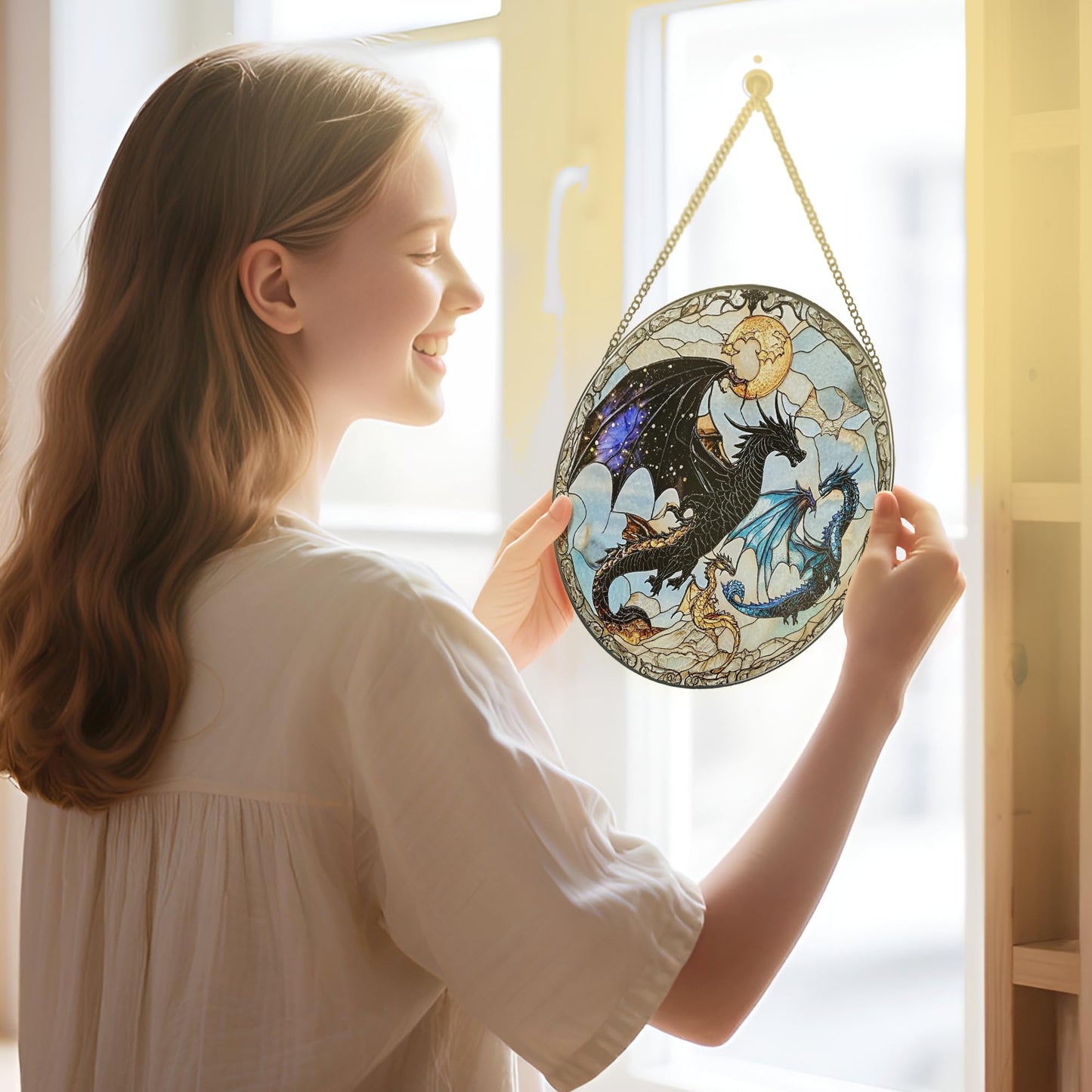 Dragon Stained Glass Window Hanging, 8 Inch Sun Catchers Indoor Window, Suncatchers for Windows Hanging, Home Decor and Christmas, Holiday, Mother's Day, Father's Day, Birthday Gifts for Women, Men
