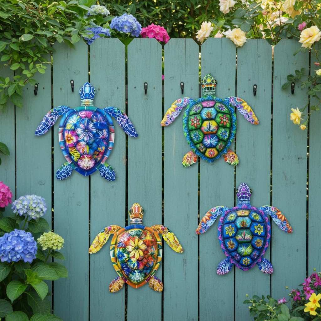 Cruis Cuka Metal Wall Art Cute Turtle 2.5 D Wall Sculpture Garden Decor for Outside Fence Decorations Lawn Ornaments Patio Backyard Decor - Set of 4