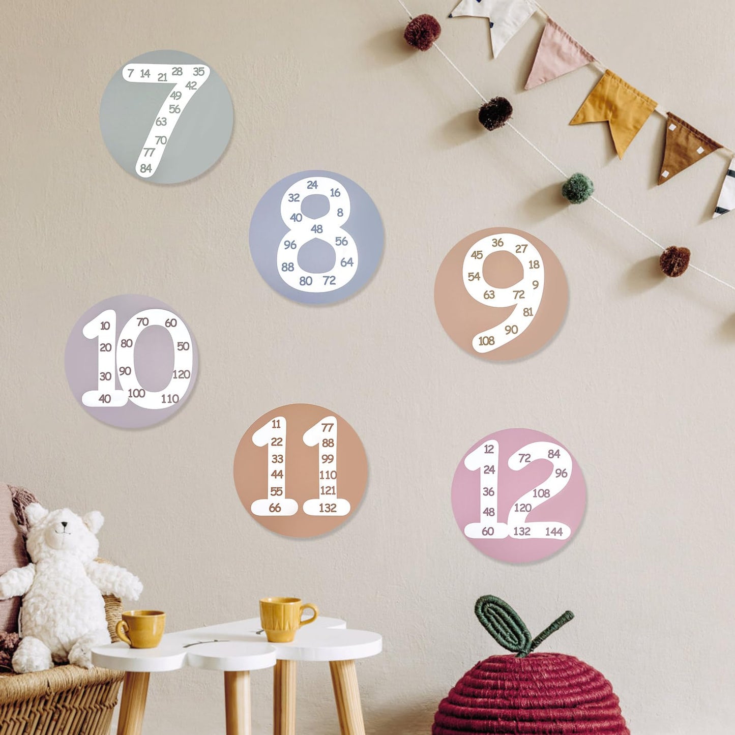 CODOHI Math Multiple Posters from 1 to 12, Boho Counting Numbers Times Table Chart, 12 Pcs Round Double Sided Skip Counting Numbers Flash Cards Poster for Wall Classroom Home Leaning 10"x10"