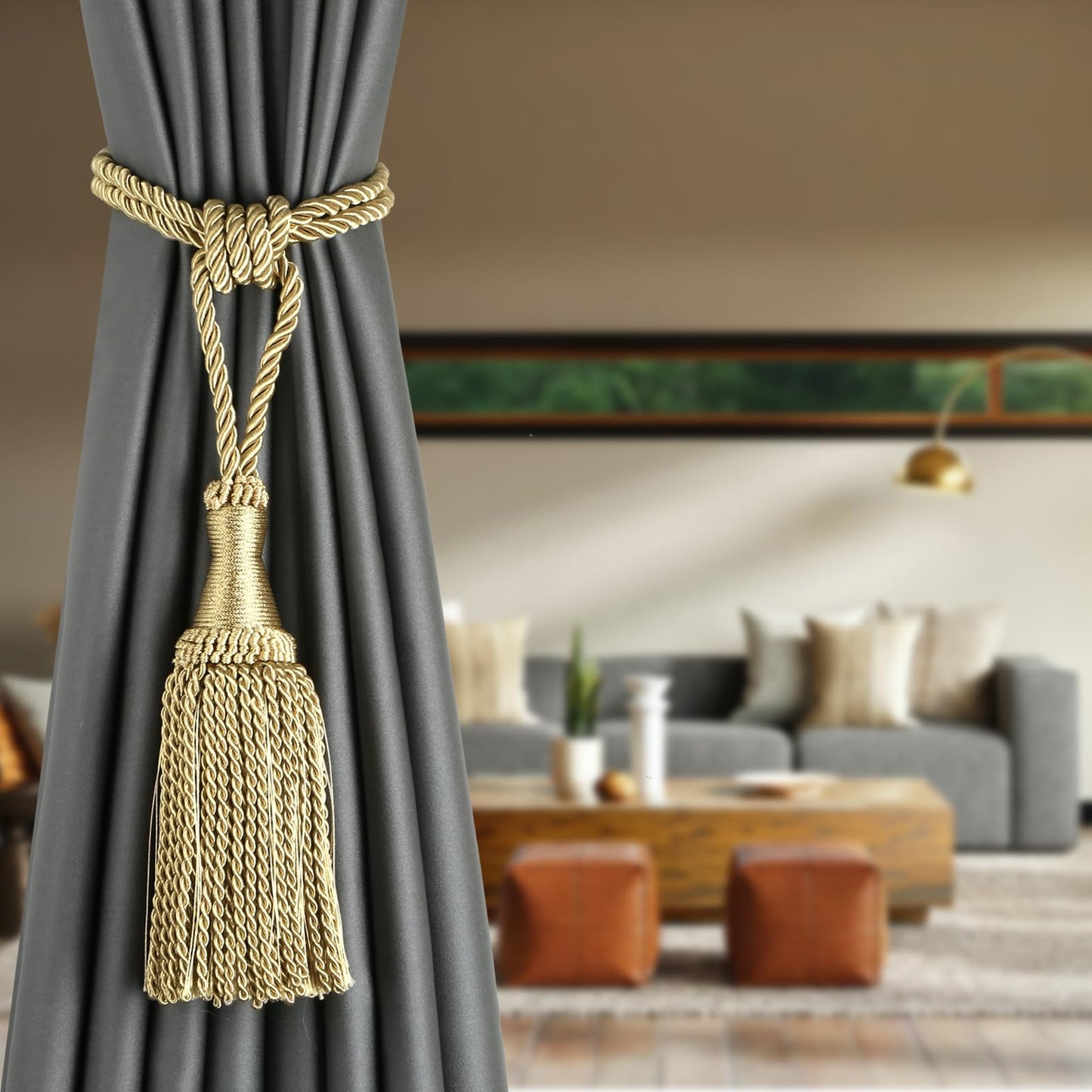 HedongHexi 2 Pack Gold Curtain Tassel Tibacks, Modern Rope Window Curtain Ties Backs for Draperies, Outdoor Elegant Decorative Curtain Holdbacks