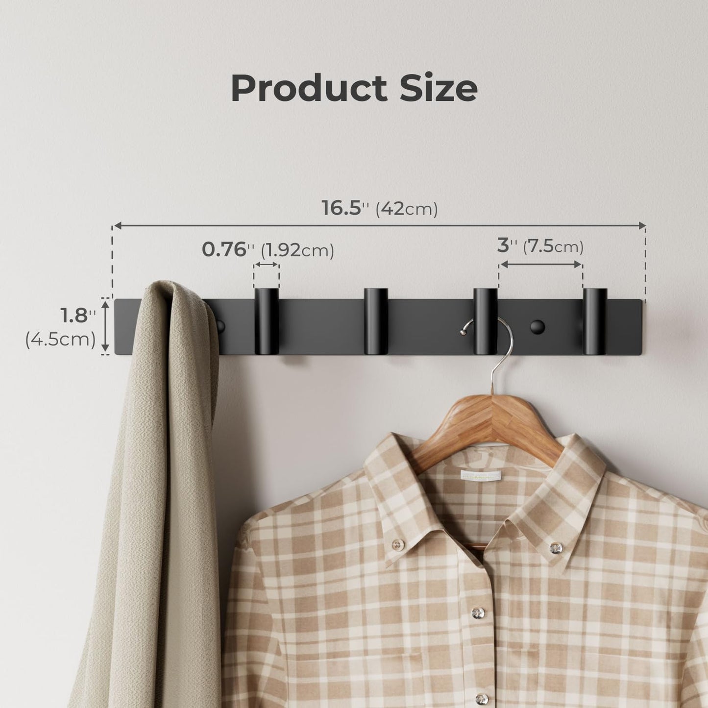 GWAAZXGZ Black Wall Mounted Coat Rack – 5 T-Shaped Pegs for Hats, Bags & Towels, Heavy-Duty Metal Rail for Entryway, Bathroom, Closet, Bedroom (1 Pack)
