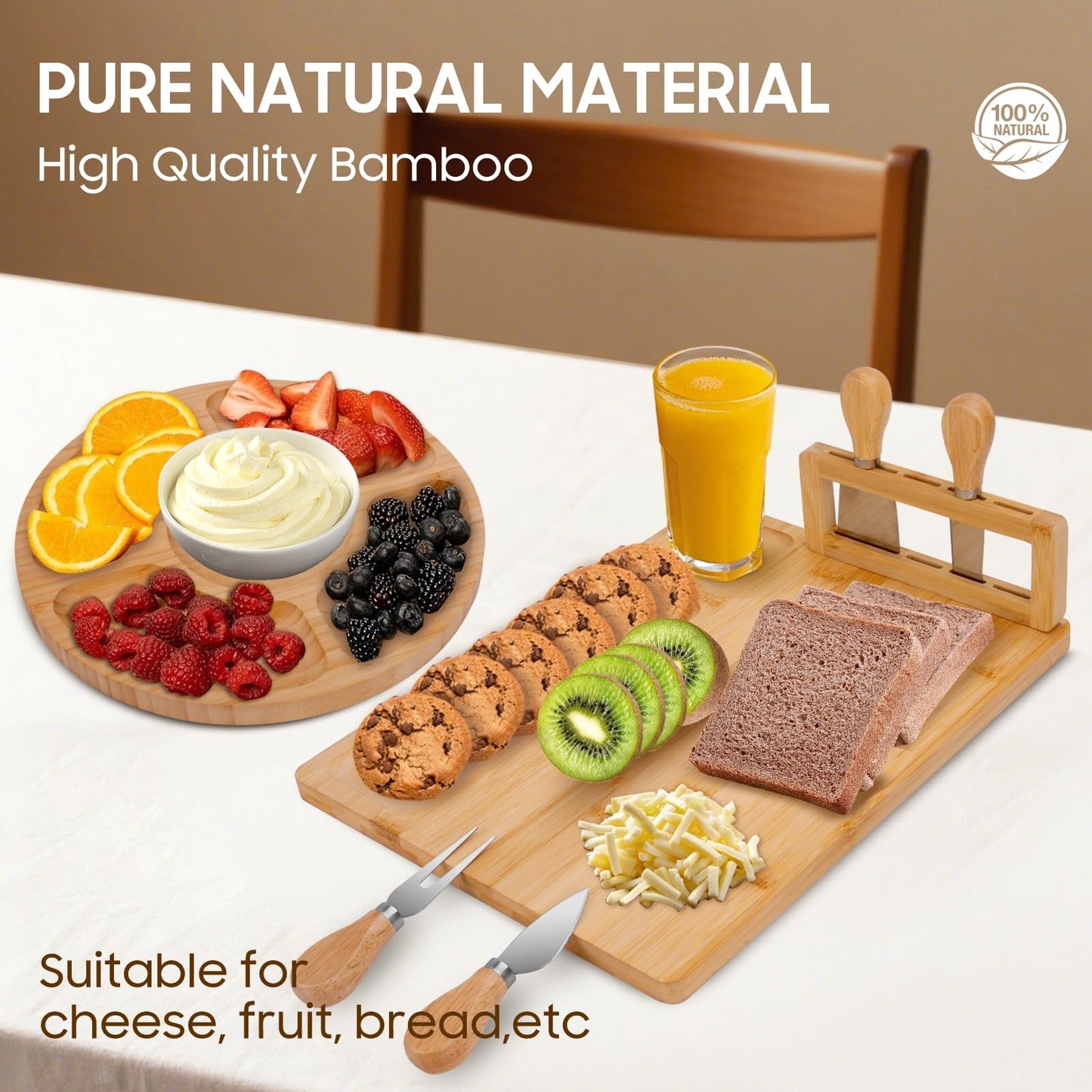 TURIMON Bamboo Charcuterie Board Set - Cheese Serving Platter with 4 Stainless Steel Knives and Fruit Tray - Elegant Cheese Board for Parties, Weddings, and Home Entertaining