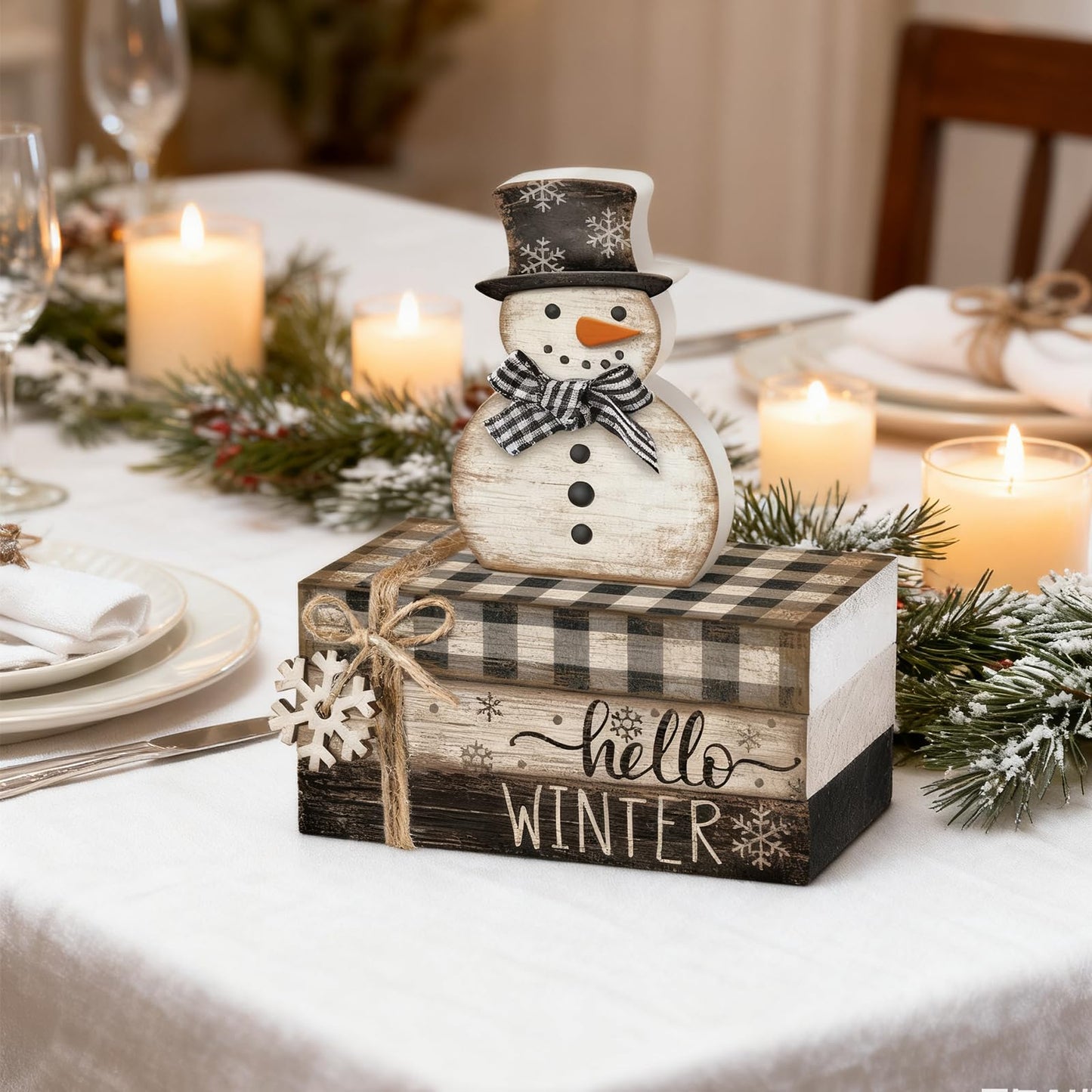 Anglechic 4 Pcs Winter Snowman Decor Hello Winter Table Decorations Christmas Tiered Tray Decor Centerpiece Indoor Rustic Wooden Snowman Block Sign Gift Farmhouse for Home Kitchen Shelf