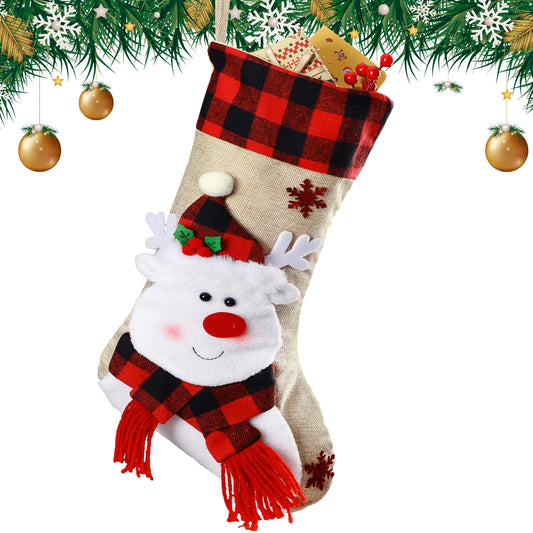 Bemaystar Christmas Stockings - 18.5" Burlap Plaid Christmas Stocking Xmas Hanging Stockings Holiday for Kids Christmas Tree Fireplace Family Party Decor - Deer