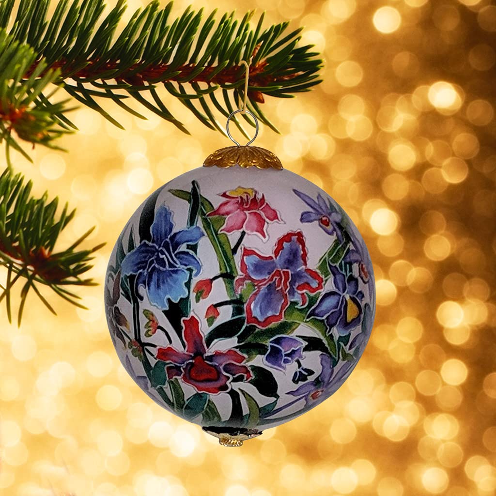 Collectible Hawaiian Orchids Ornament Hand-Painted Glass with Protective Gift Box POR/M