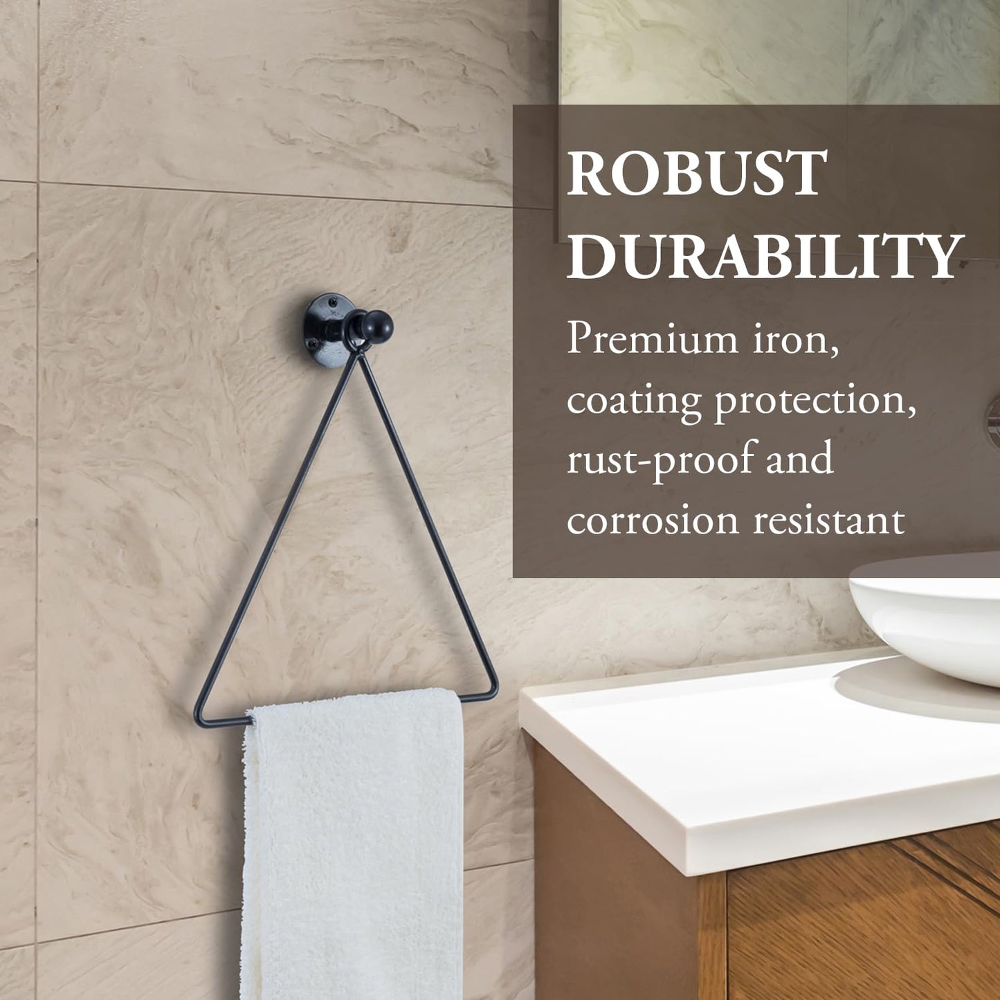 MyGift Hand Towel Holder Wall Mounted, Bath Hand Towel Rack, Triangular Towel Ring for Bathroom/Kitchen Accessories, Matte Black Metal