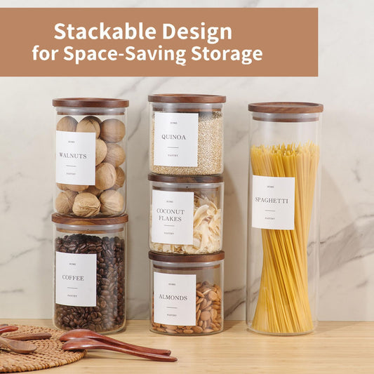 GENSTEUO Set of 6 Glass Pantry Jars with Acacia Wood Lids, 32oz Airtight Pantry Storage Containers with 105 Labels, Glass Kitchen Canisters for Coffee, Tea, Sugar, Pasta