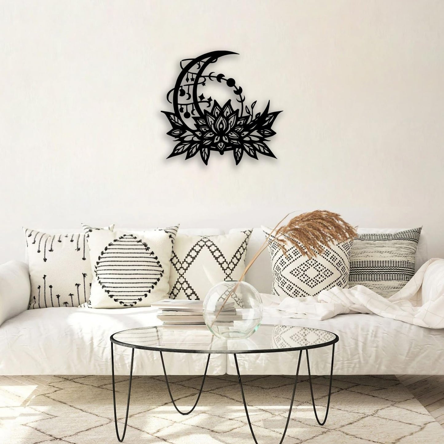 OPTYBVFD Moon Lotus Flower Metal Wall Decor - Moon Phase Room Decor Wall Art Home Decor for Living Room, Bedroom, Dining Room, Bathroom, Office (Black)