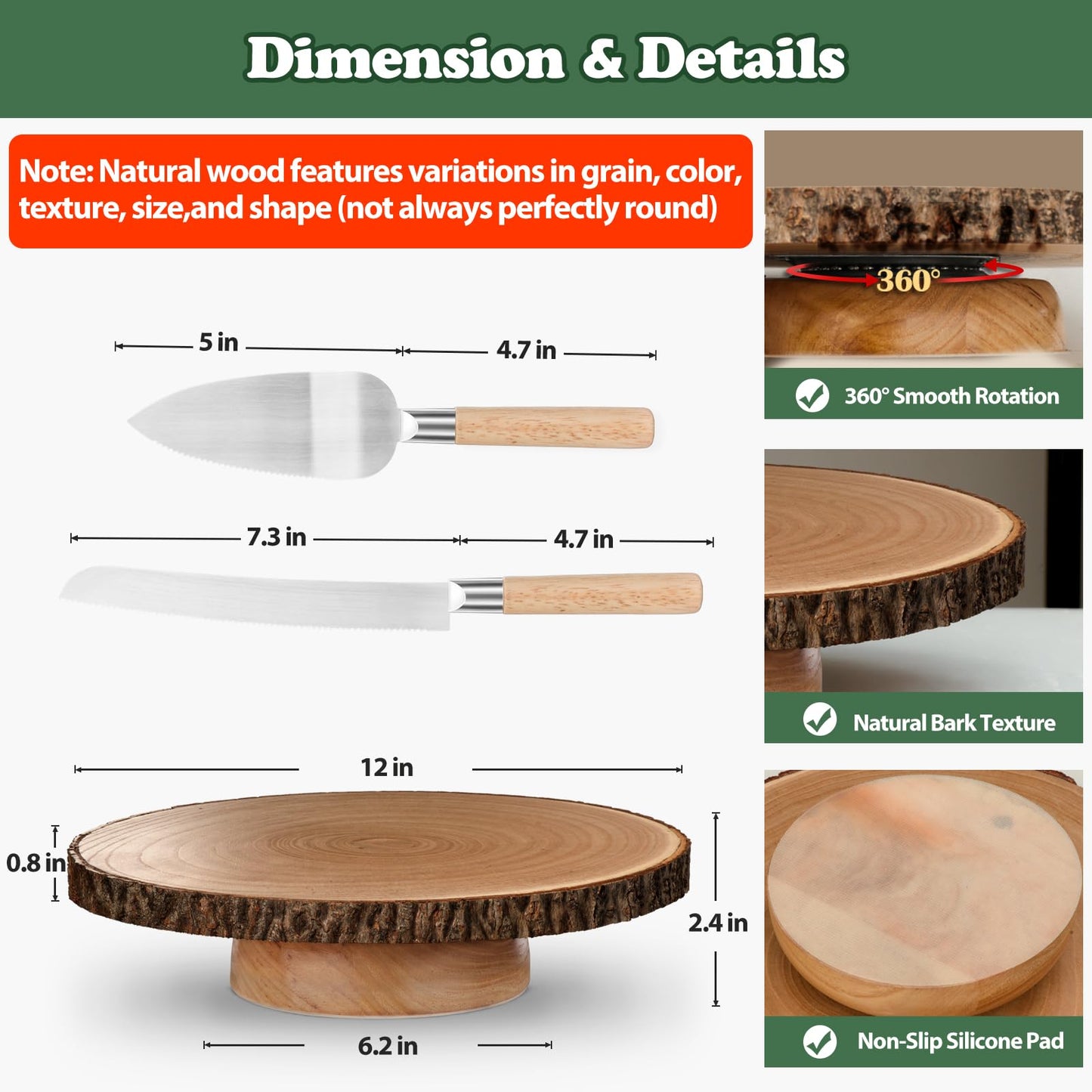 Rotating Cake Stand 12" Wood Cake Stand with Cake Cutting Set,Rustic Wooden Cake Stands for Party/Wedding/Baking Gifts/Event/Cake Turntable for Decorating