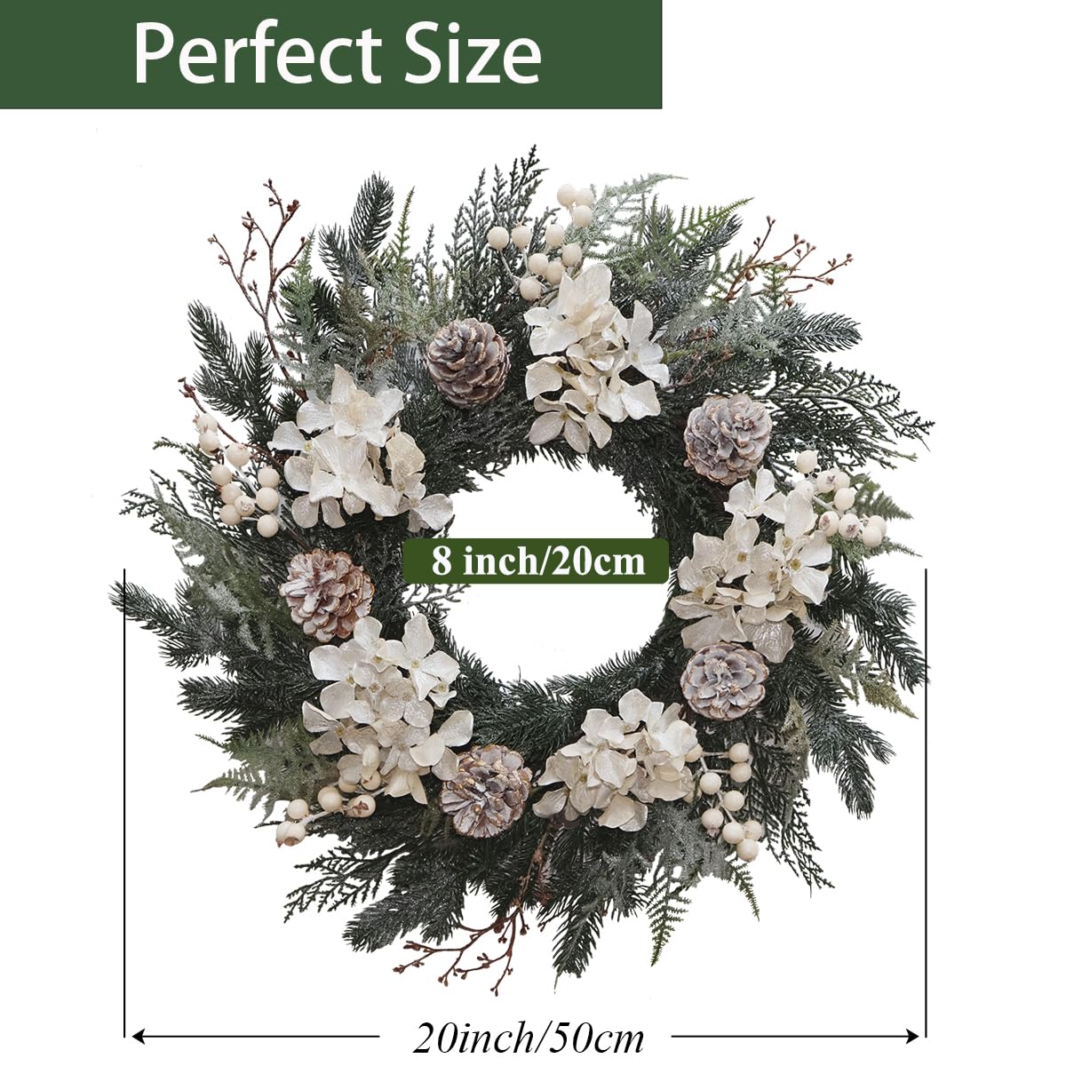 BINFEN 20” Glitter Pine Christmas Winter Wreath with Metallic Silk Hydrangea Pinecone & White Berry – Mixed with Norfolk Cypress Cedar & Spruce, Wreaths for Front Door Porch Mantel & Fireplace Decor