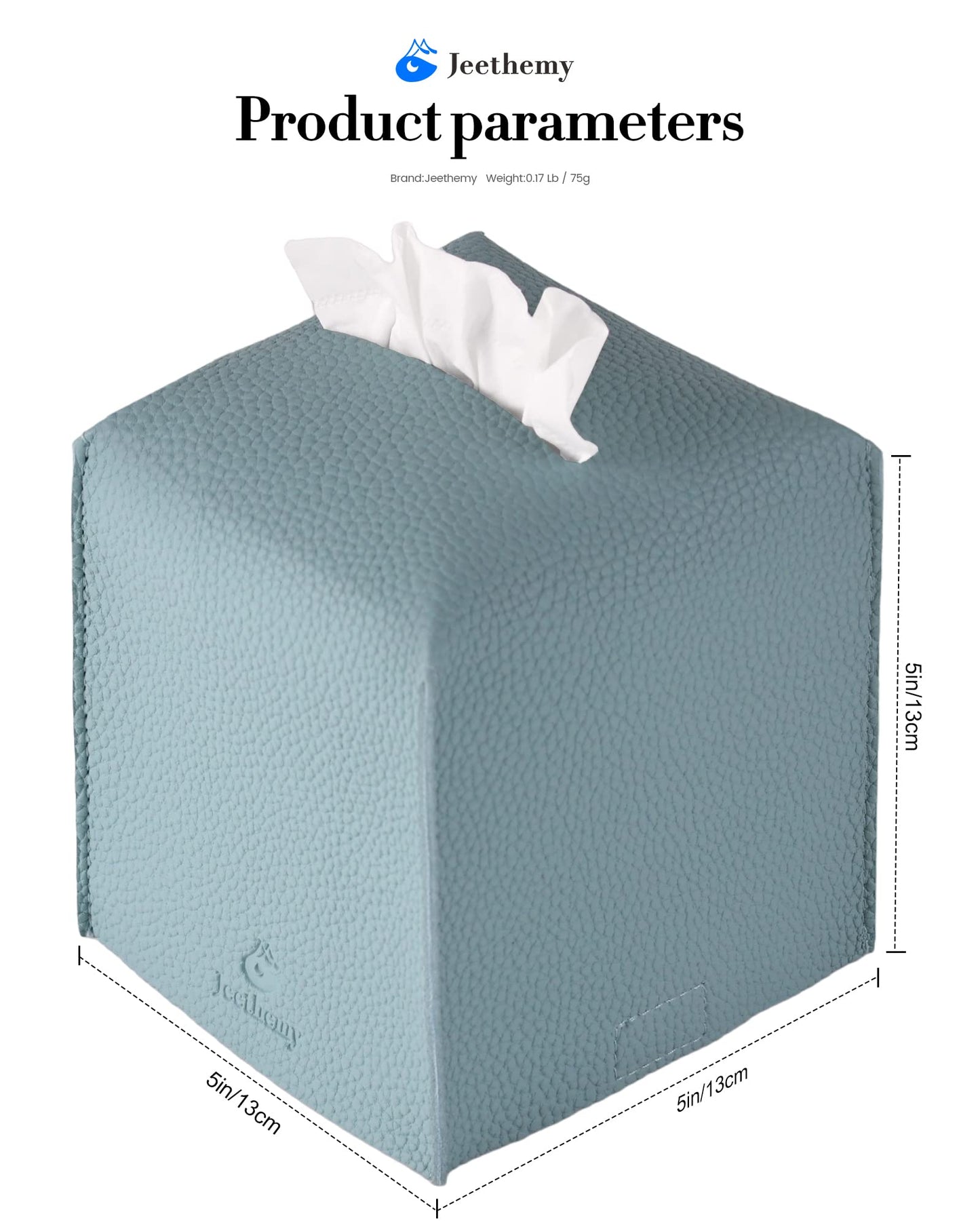 Tissue Box Cover, Jeethemy Square PU Leather Tissue Box Holder, Modern Tissue Case Facial Paper Organizer Dispenser，5X5X5'',Single Blue