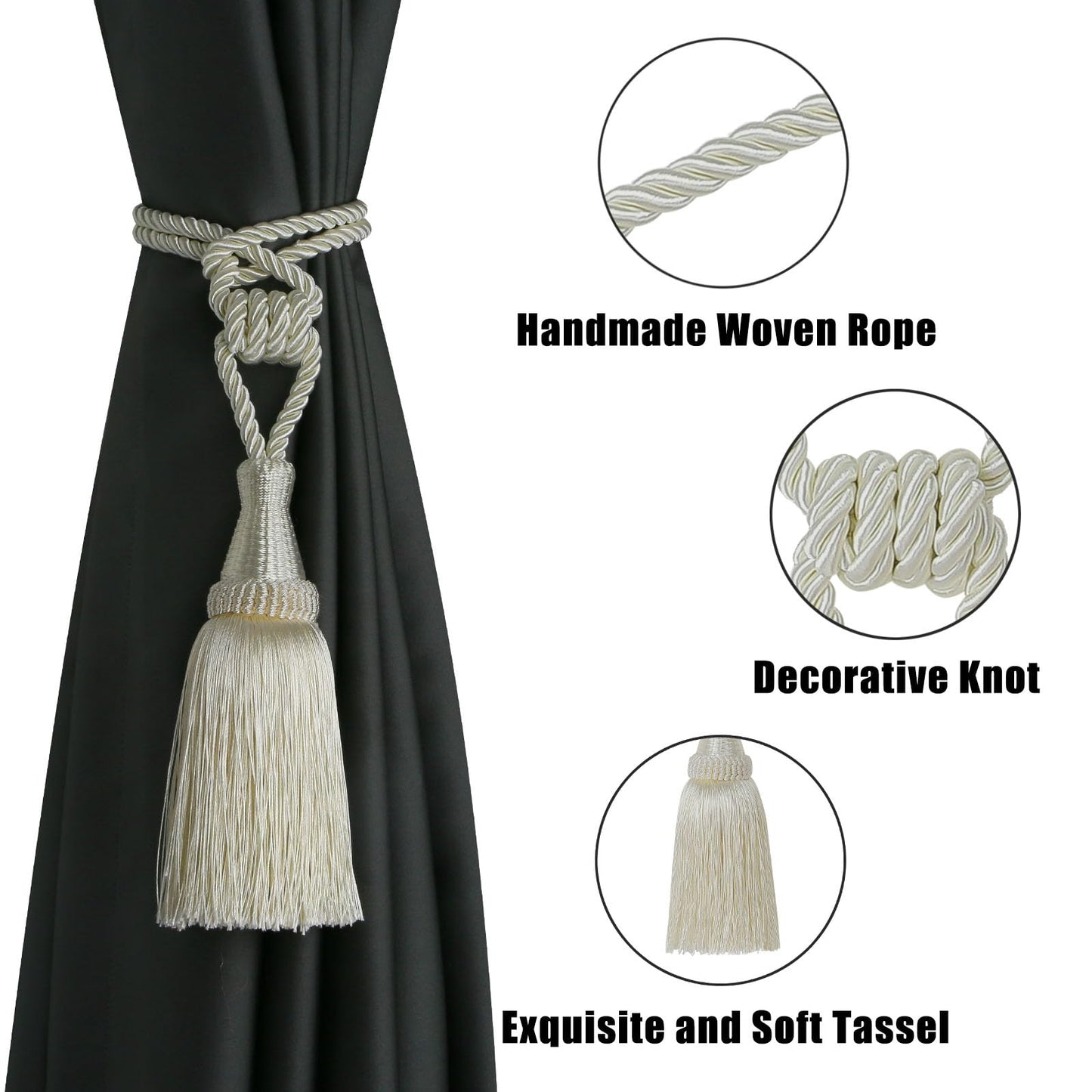BEL AVENIR Curtain Tiebacks Handmade Holdbacks for Curtains Drape Decorative Tie Backs with Tassels(Cream, 2 Pack)