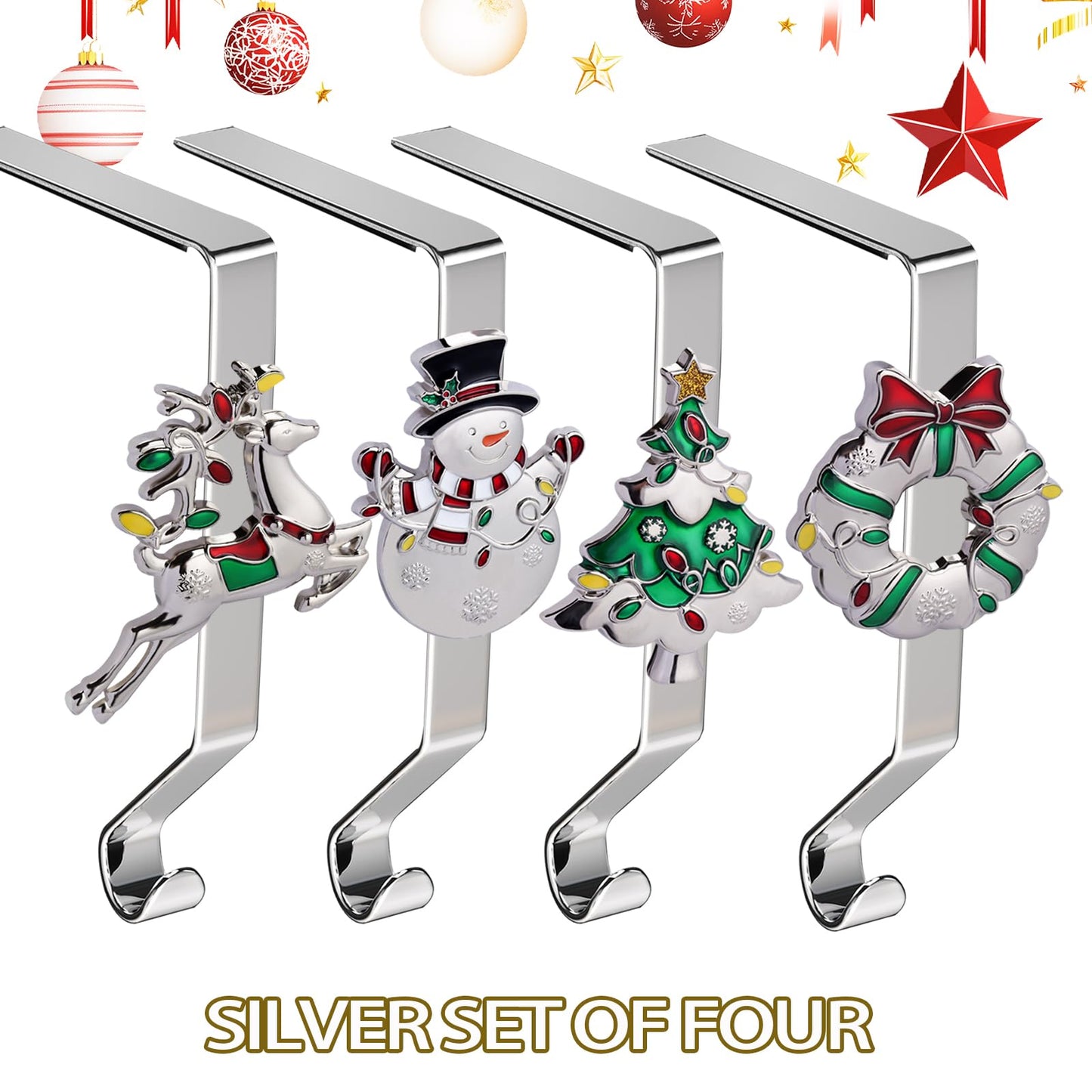 K-MLICE Stocking Holders for Mantle Silver Stocking Holder Stocking Hangers for Mantle Set of 4 Hooks Fireplace Christmas Stocking Holder Weighted Non-Slip Christmas Décor