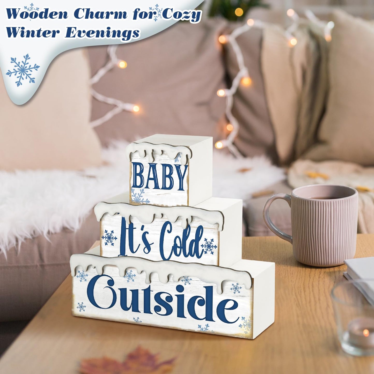 Huquary 3 Pcs Winter Let It Snow Tiered Tray Decor Table Sign Winter Theme Wood Decorations Centerpiece Decor for Party Gift Desk(Snow Style)