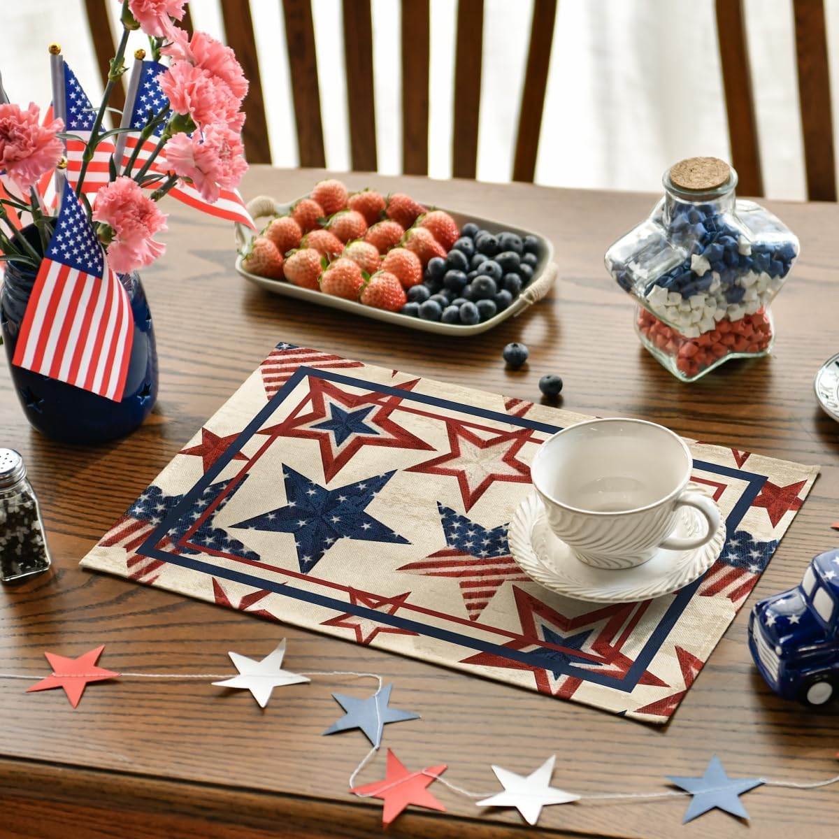 Niviy 250th Anniversary USA Placemats, Retro Stars Stripes Patriotic Placemats Set of 4, 12x18 Inch Memorial Day Independence Day Table Mats for Holiday Party Kitchen Dining Room Decoration