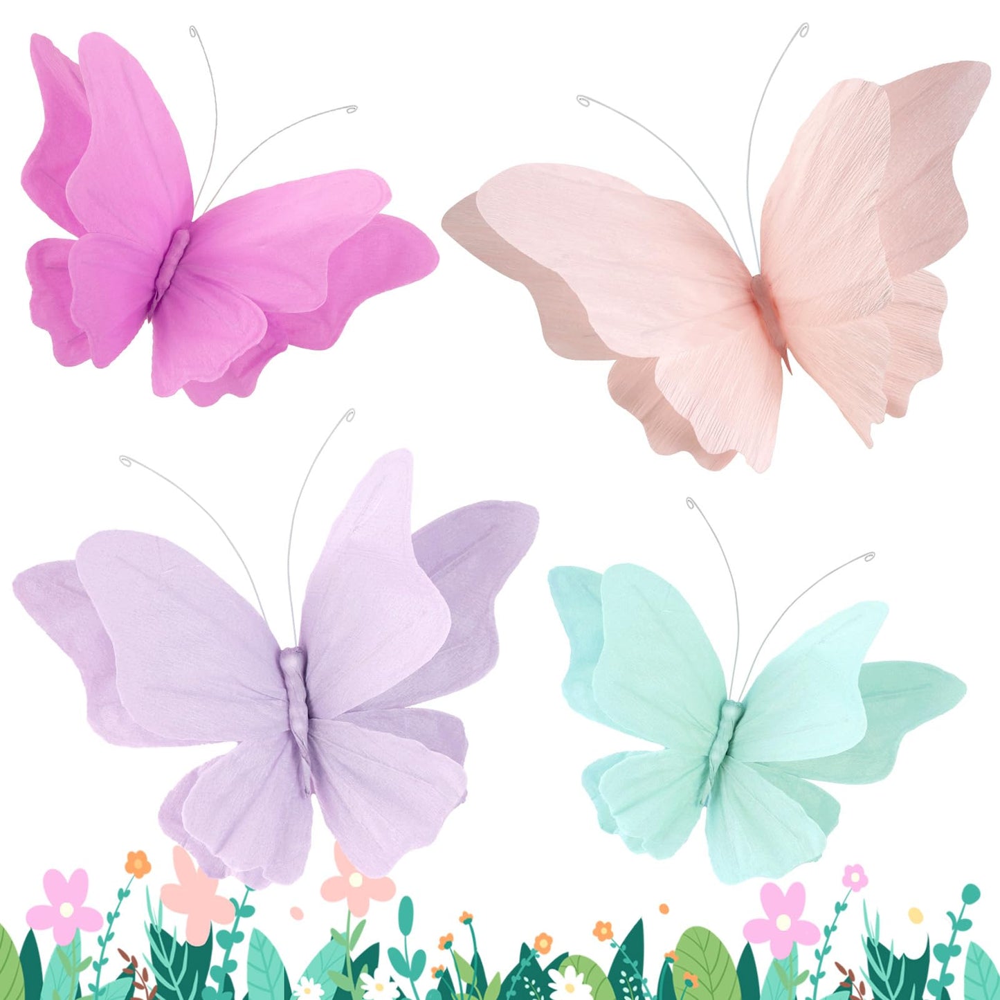 OBBOLO 3D Hanging Butterfly Decorations, Butterfly Birthday Party Decorations, 4 Pcs Crepe Paper Butterfly Hanging Decorations for Girls, Women, Flower Garden Party Decorations