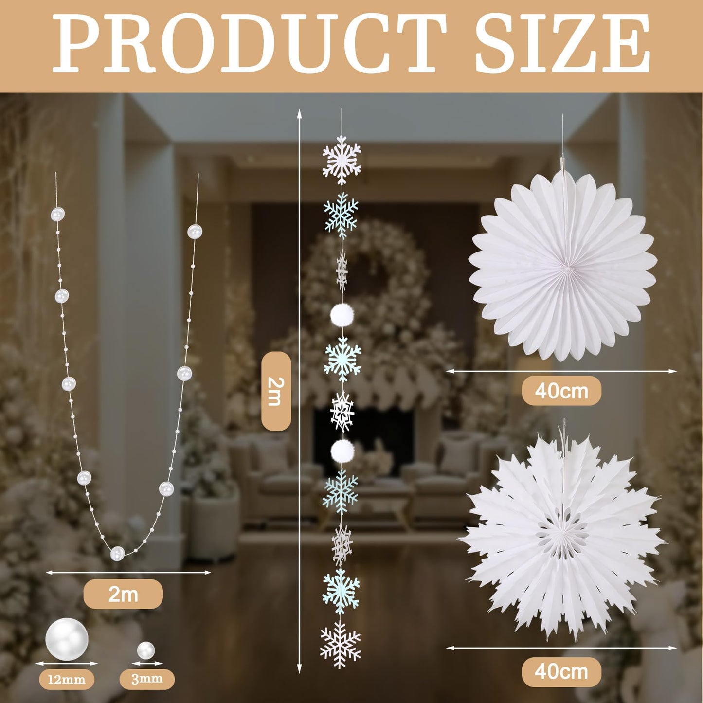 Suncalla 18 Pcs Winter Wonderland Snowflake Decorations Hanging Snowy Scene Landscape Party Ornament with Snow Garland Pearl String 15'' Snowflake Paper Fan for Winter Party Photo Props