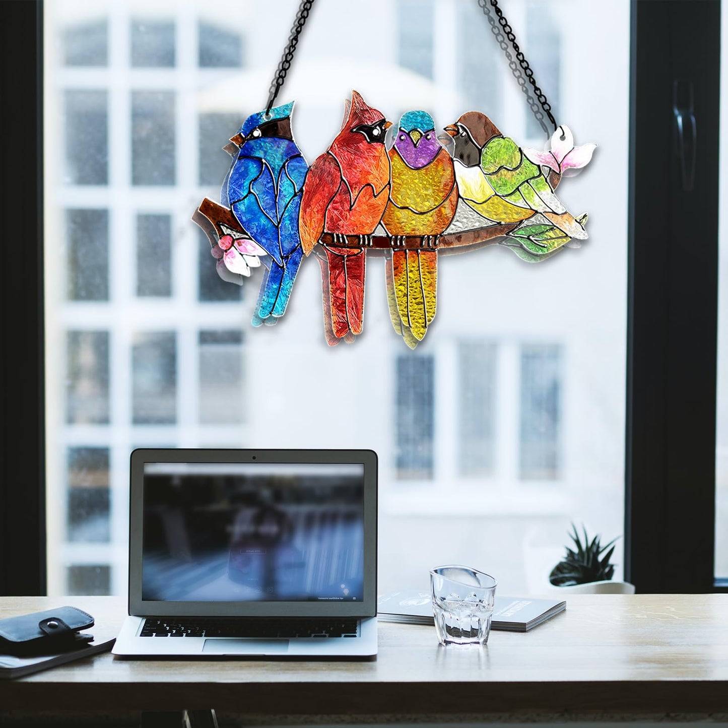 DASTOLL Stained Glass Window Hanging - Birds on A Branch Suncatcher for Window Doors Home Decoration, Valentine's Day Mother's Day Birthday Bird Lover Gifts for Women, Men, and Mom Grandma