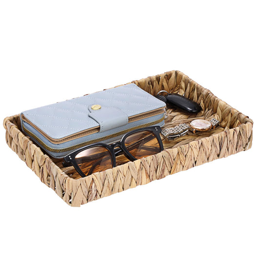GUSHBIN Decorative Key Holder for Entryway Table Handwoven Natural Water Hyacinth Basket Tray Rectangular Serving Tray, 11.9" x 7.9" x 1.6"