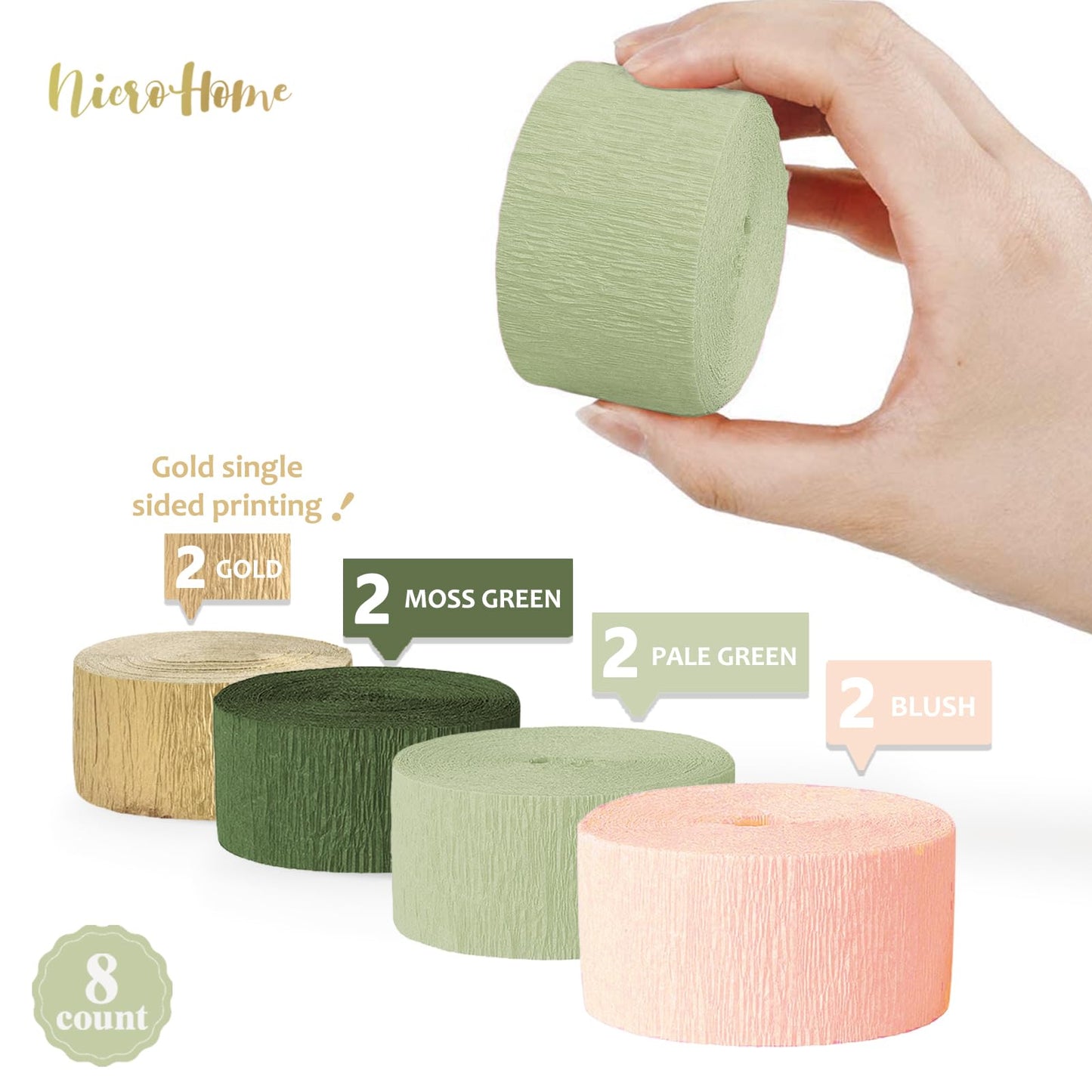 NICROHOME EUR Wedding Party Decorations, 8 Rolls Moss Sage Green Pink Crepe Paper Streamers for Boho Baby Shower, Wedding, Engagement Party, Spring Party, Birthday Party Supplies, 82 ft Long