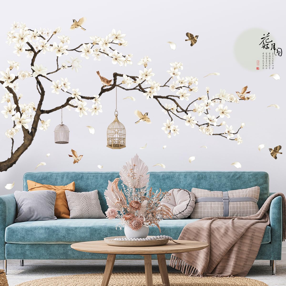 Chinese Style White Flowers Black Tree and Flying Birds Wall Stickers Removable DIY Wall Art Decor Decals Murals for Kids Nursery Offices Home Walls Bedroom Study Room Wall Decaoration, 50inchx74inch