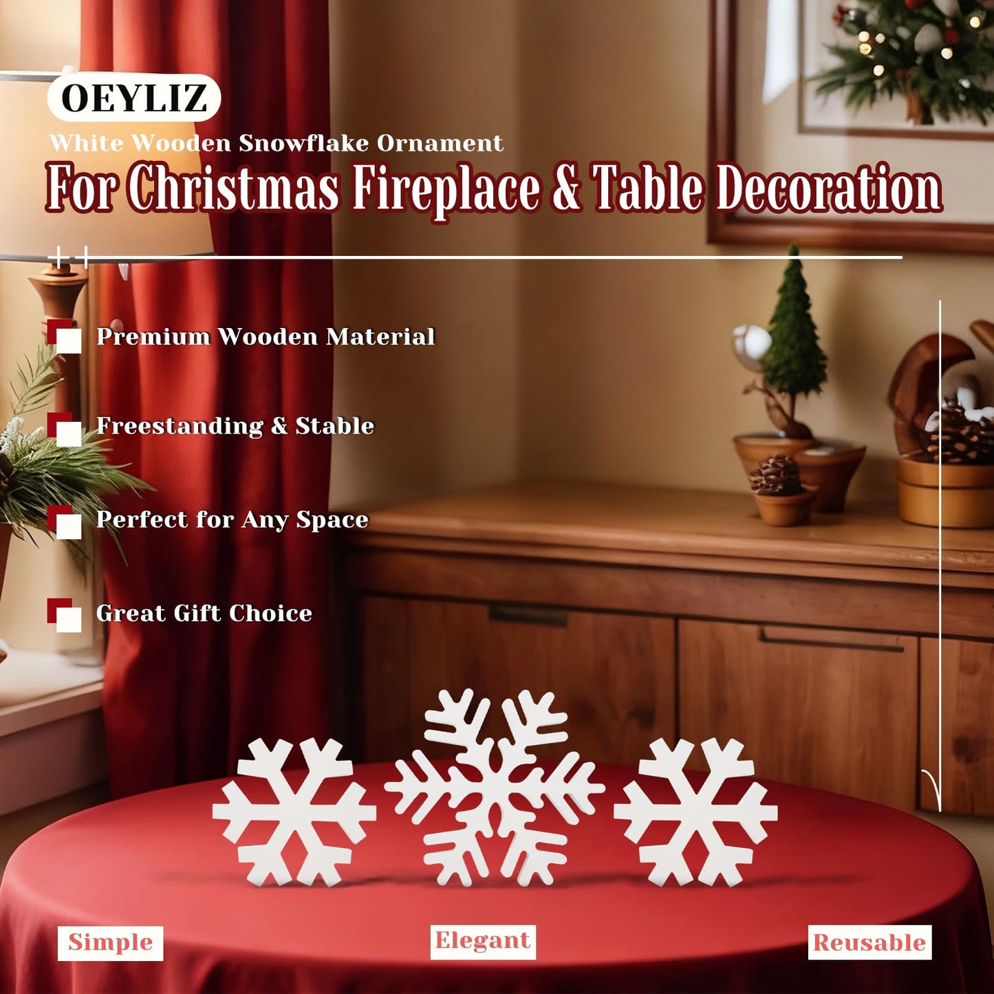 Oeyliz Winter Wooden Snowflake 3 PCS Christmas Wooden Snowflakes Decor Winter Table Decoration Wooden Snowflake Blocks Standing Table Sign Tiered Tray Decoration Xmas Indoor Home Mantle Tabletop Decor