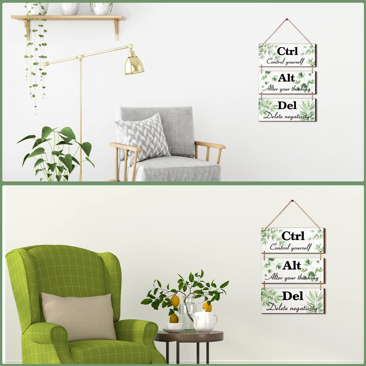 Qunclay 3 Pcs Office Wall Decor Green Leaves Wood Rustic Hanging Cubicle Decor Summer Inspirational Ctrl Alt Del Sign Decoration for Bathroom Indoor Home Living Room