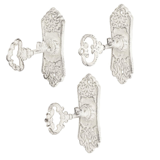 Sungmor 3Pcs Vintage Cast Iron Coat Hooks,Heavy Duty Skeleton Key-Shaped Wall Hooks,Ornate Decorative Hanger for Coats, Hats, Bags - Rustic White Finish